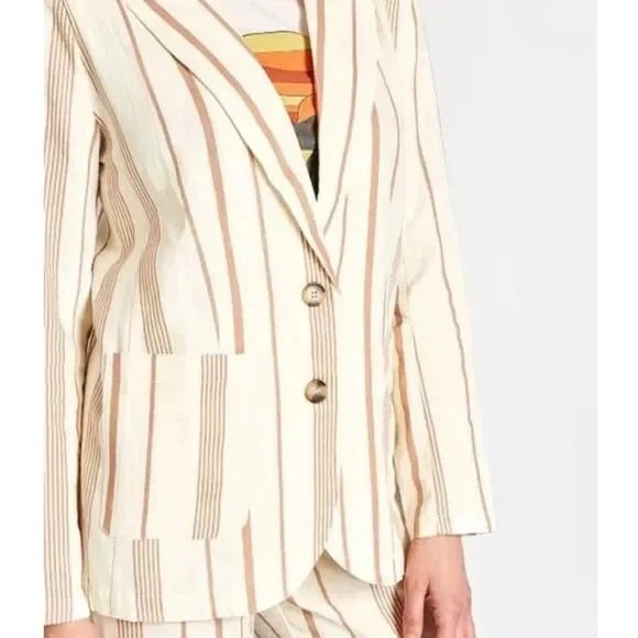 ModCloth Opportunity Linen/Viscose Blazer Cream Striped Front Pockets Light 1X - Picture 3 of 11